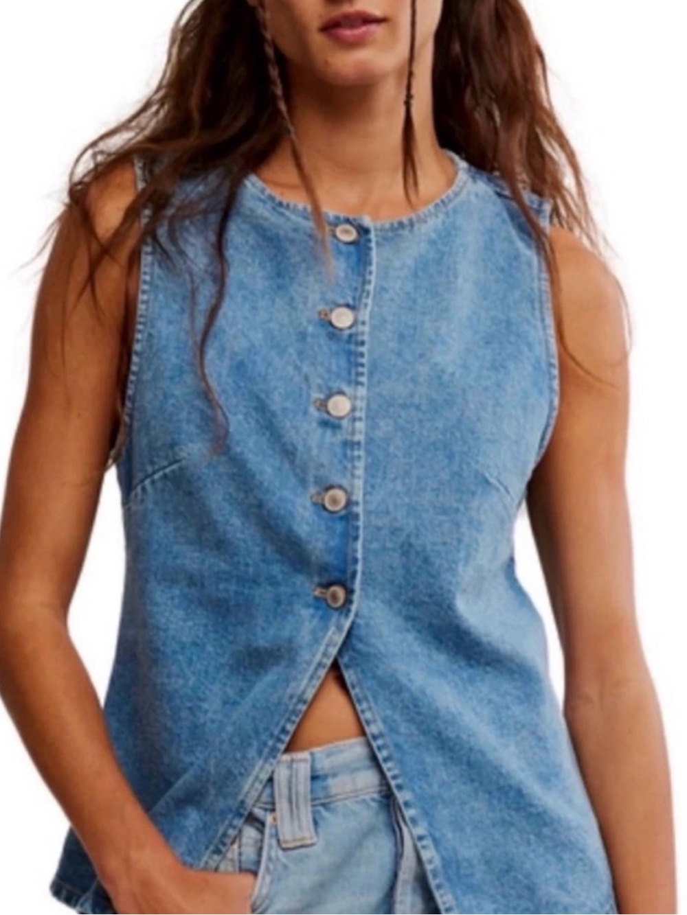 Free People Light Blue Denim Top
